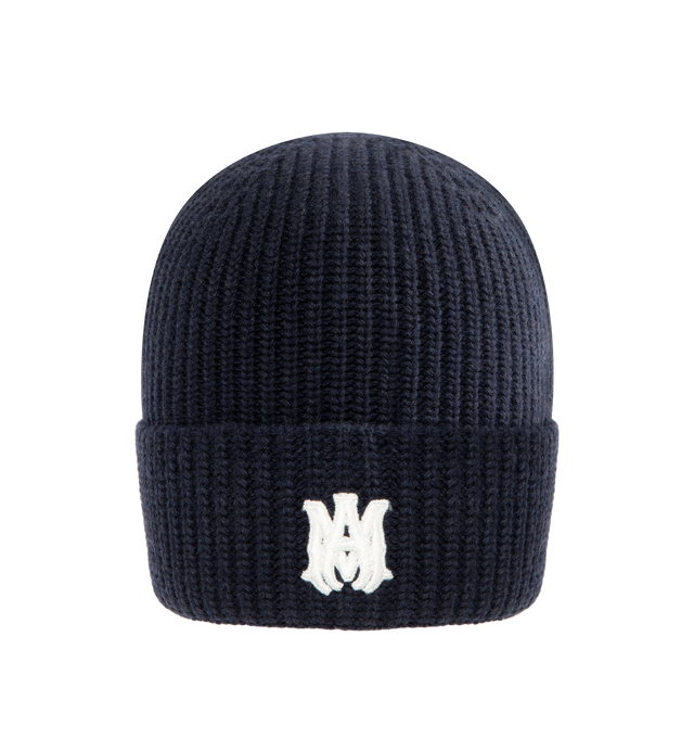 Image 1 of 2 - NAVY - AMIRI MA Embroidered Wool Rib Beanie Hat featuring iconic MA monogram embroidered in a contrasting colorway and foldover brim. Virgin wool. Made in Italy.