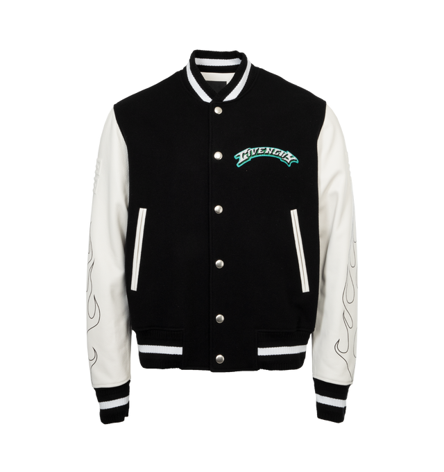 Image 1 of 5 - BLACK - GIVENCHY Varsity Jacket featuring sleeves in grained calfskin leather with embossed 4G emblems and flame details, GIVENCHY embroidered patches on the chest and on the back with dragon artwork, ribbed elasticated knit collar, cuffs and hem with contrasting stripes, snap closure, two side pockets with contrasted piping and classic fit. 80% wool, 20% polyamide. 100% leather. Lining: 100% cupro. Made in Italy.  