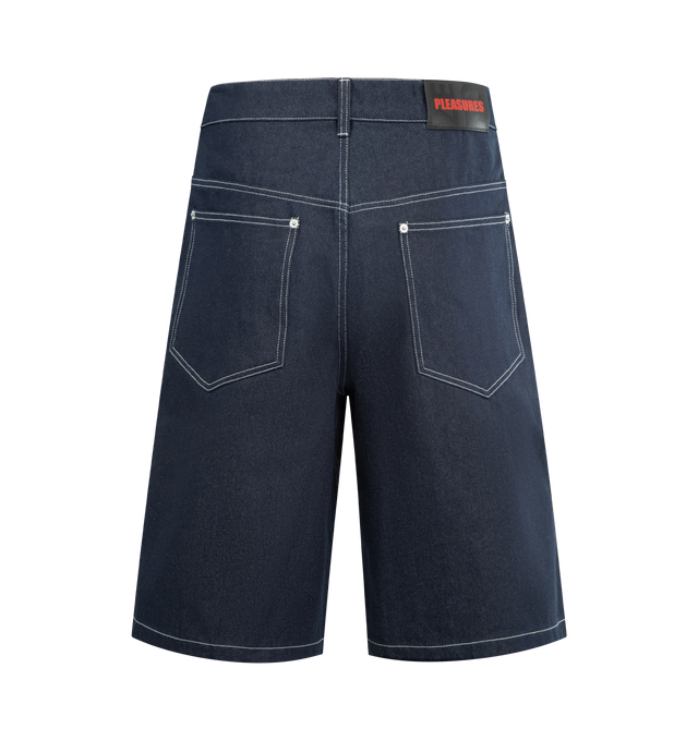 Image 2 of 3 - NAVY - PLEASURES x Zero Skateboards Skull Jorts featuring zip fly and button closure, 4-pocket styling, embroidered trim and midweight denim. 100% cotton.
