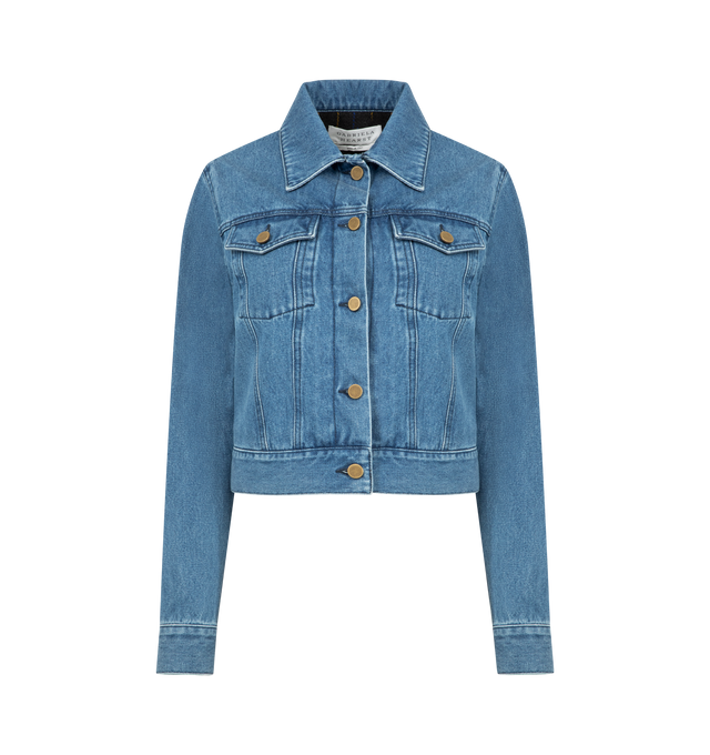 Image 1 of 3 - BLUE - GABRIELA HEARST Bronte Jacket featuring cropped length, pointed collar, front button closure, chest flap pockets with buttons and long sleeves. 100% recycled cotton.