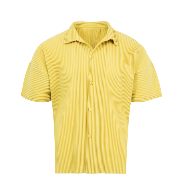 Image 1 of 2 - YELLOW - ISSEY MIYAKE Pleated Shirt featuring open spread collar, button closure, tennis-tail hem, dolman sleeves and inverted box pleat at back yoke. 100% polyester. Made in Japan.