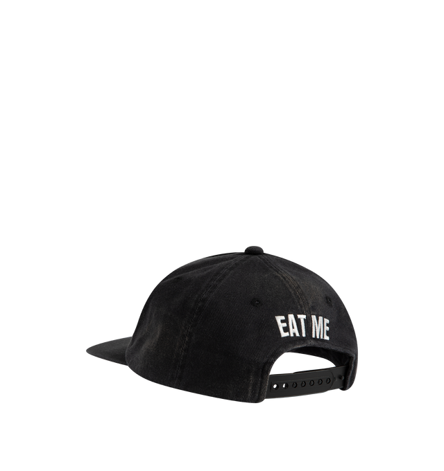 Image 2 of 2 - BLACK - Saint Michael Eat Me 5 Panel Cap featuring embroidered designs, flat brim and adjustable back strap.