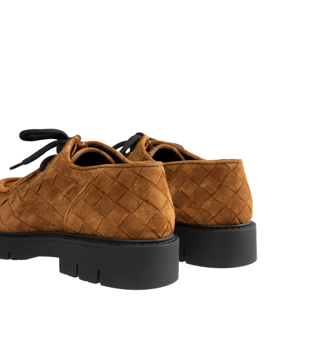 Image 3 of 4 - BROWN - Bottega Veneta Men's Haddock Lace-Up Shoe in smooth suede with all-over Intrecciato craftsmanship. Upper and lining: calfskin suede leather. Rubber outsole. Made in Italy.