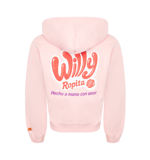 Image 2 of 2 - PINK - WILLY CHAVARRIA Willy Ropita Shrunken Zip-Through Hoodie featuring front zipper closure, attached hood, chest and back logo detail, side slant pockets, fleece lining and ribbed trim. 100% cotton. Made in USA.