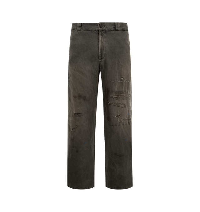 Image 1 of 3 - BLACK - ENFANTS RICHES DEPRIMES Soso's Repaired Trousers featuring zip fly button closure, belt loops at waistband, welt pockets at sides and back, heavy distressing throughout and vintage wash pocket. Cotton linen twill.