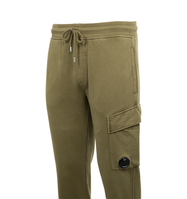 Image 3 of 3 - GREEN - C.P. COMPANY Fleece Cargo Lens Sweatpants featuring adjustable drawstring waistband, side pockets, cargo pocket with Lens detail, ribbed hems, resist dyed and regular fit. 100% cotton.