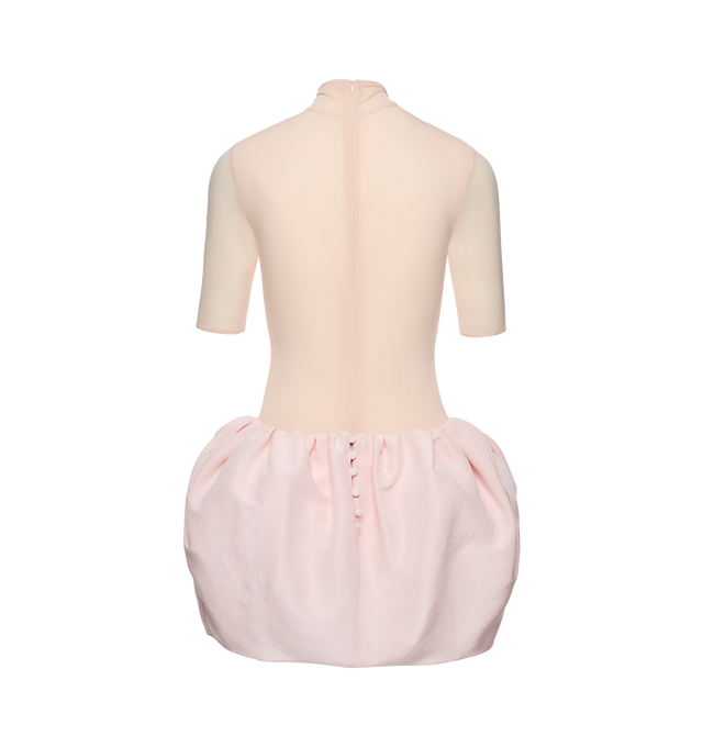Image 2 of 2 - PINK - MAGDA BUTRYM Puff Skirt Mini Dress featuring a sculpted bubble skirt and a sleek, form-fitting bodice. The upper body has a high turtleneck and elbow-length sleeves. The skirt is crafted from silk for a voluminous effect. Designed with an invisible back zip and functional buttons at the skirt, this piece is fully lined and finished with an internal bodysuit for structure and support. 92% cupro, 8% elastane. 100% silk.