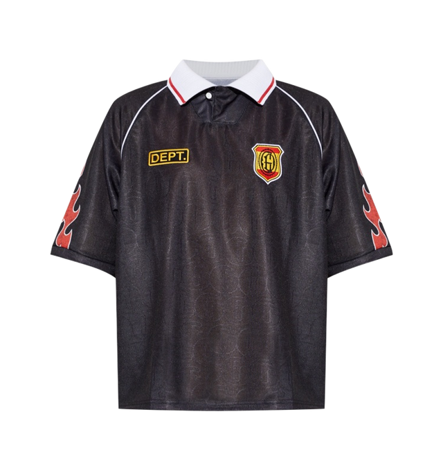 Image 1 of 2 - BLACK - GALLERY DEPT. Japan Jersey Football Top featuring regular fit, contrasting ribbed polo collar, short sleeves, graphic print at sleeves and back and embroidered logo at chest. 100% polyester. Made in Portugal.