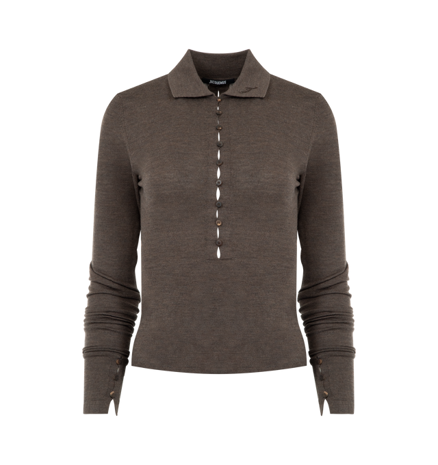 Image 1 of 2 - BROWN - JACQUEMUS Merino Polo Shirt featuring sheer knit, fitted shape, light merino blend knit, ribbed hem, embroidered J on the collar, long polo placket, stretched open buttonholes, fitted buttoned sleeves, fully buttoned back and small horn buttons. 98% merino wool, 2% polyamide. Made in Romania.