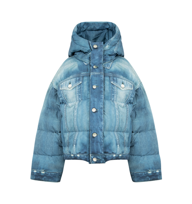 Image 1 of 3 - BLUE - ACNE STUDIOS Puffer Down Jacket featuring water-repellent nylon with a denim trompe-loeil print, a raised neckline and hood, welt pockets, a padded silhouette, cut to a relaxed fit and below-waist length. 100% polyester. Lining: 100% nylon. Filling: 90% duck down, 10% duck feathers.