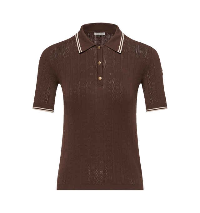 Image 1 of 2 - BROWN - MONCLER Cotton Polo Sweater featuring buttoned placket, striped detailing, polo collar and short sleeves. 100% cotton.