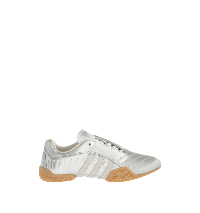 Image 1 of 5 - SILVER - ADIDAS Taekwondo Mei Elite Sneaker featuring regular fit, lace closure, synthetic and leather upper, textile and leather sockliner, rubber outsole, asymmetric lacing, decorative stitching on the toe and stripes wrapped around the outsole.