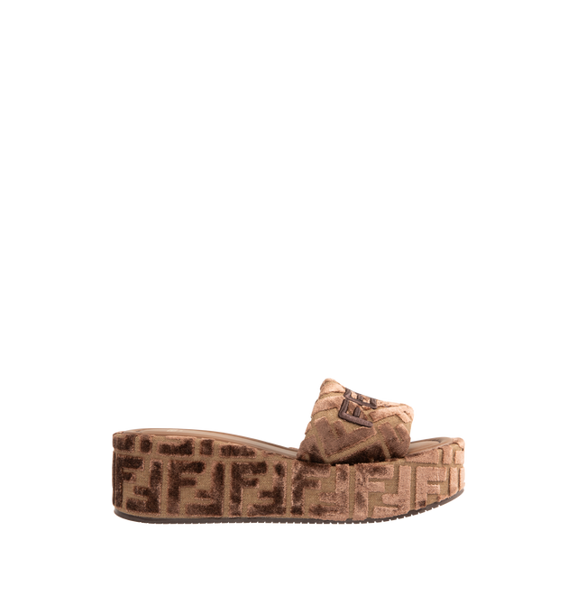 Image 1 of 4 - BROWN - FENDI Sunshine Platform Wedge Slide Sandal featuring dimensional logo embroidery tops the wide strap, slide sandal made from burnout velvet in an FF motif that also wraps the platform wedge. Textile upper, leather lining, rubber sole. Made in Italy.
