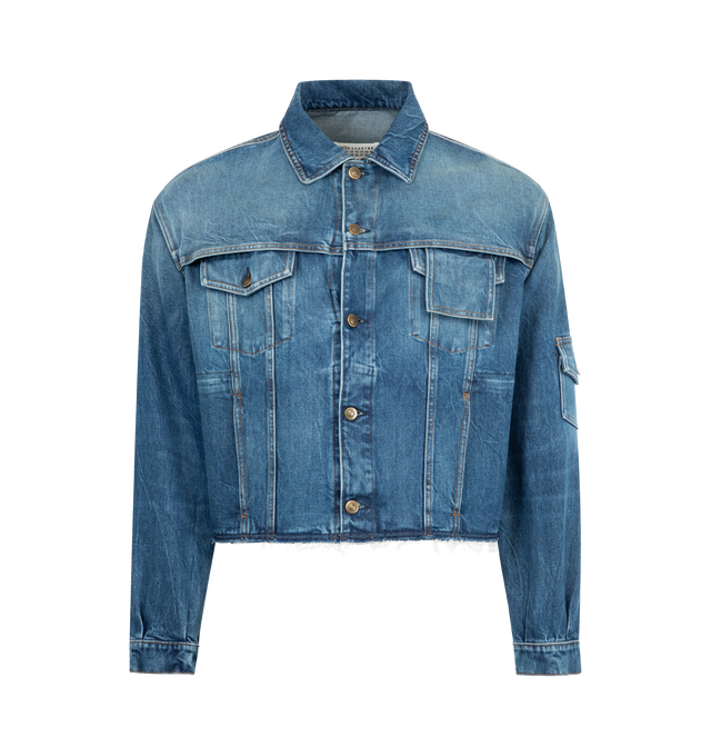 Image 1 of 3 - BLUE - MAISON MARGIELA Denim Jacket featuring cropped proportions, single flap pocket at the elbow, chest flap pocket and a disrupted front pocket, raw hem, button closure and signature four stitches at the back. 100% cotton. Made in Italy.