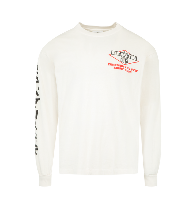 Image 1 of 3 - WHITE - SAINT MICHAEL Beastie Boys T-Shirt featuring crew neck, long sleeves, regular fit and screen print graphic on front, back and sleeve. 100% cotton. Made in Japan.