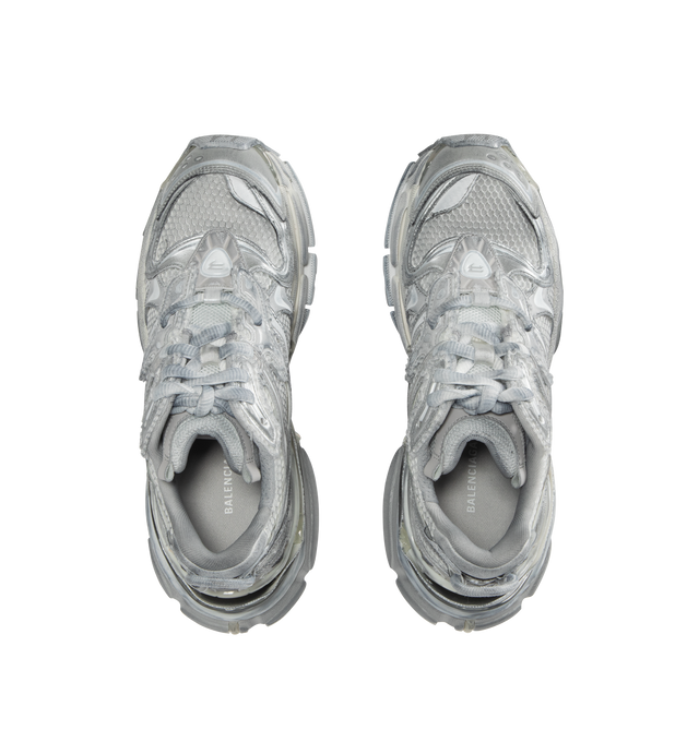 Image 5 of 5 - SILVER - Balenciaga Men's Runner 2.0 Sneaker in silver, grey, kaki and neon yellow mesh, polyurethane and polyester. Leather free style featuring worn-out effect, printed size at the edge of the toe, debossed size at back, runner logo printed on exterior, Balenciaga logo debossed on the tongue, and at the back of the heel, and back pull-on tab.