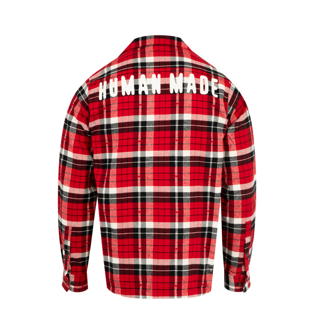 Image 2 of 2 - RED - HUMAN MADE Flannel Check Shirt featuring open-collar flannel shirt with a regular fit, check pattern expressed in jacquard weave, lines with interwoven heart motifs, embroidered brand logo on the back and heart logo patch on the left chest. 100% cotton.