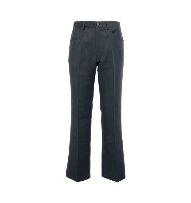 Image 1 of 4 - GREY - SECOND LAYER El Valluco Cuero Pants featuring belt loops, four-pocket styling, zip-fly, creased legs and leather logo patch at back waistband. 68% cotton, 32% polyamide. Lining: 100% cotton. Made in Italy. 