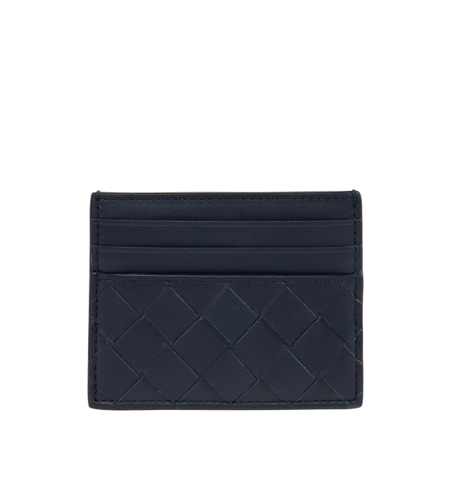 Image 1 of 3 - BLUE - BOTTEGA VENETA Intrecciato Credit Card Case featuring intrecciato calfskin leather with contrasted back, six card slots, one central pocket. 3.1 x 4.1 x 0.2. Made in Italy.