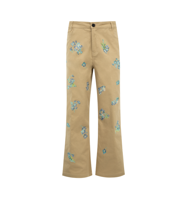 Image 1 of 3 - BROWN - LIBERTINE BLuebell Lane Cropped Pant featuring wide leg, classic fit, zipper closure, 5 pocket style, belt loops at waist, cropped and embroidered flowers throughout. 97% cotton, 3% elastane.