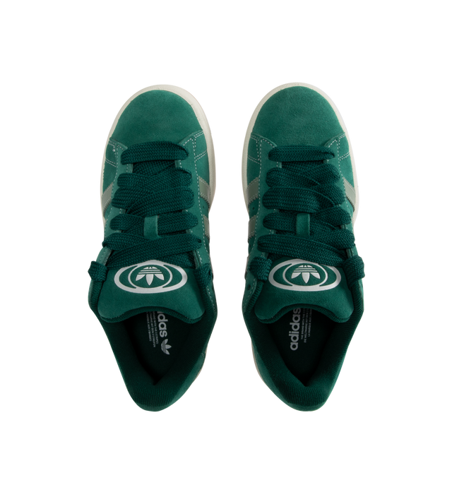 Image 5 of 5 - GREEN - ADIDAS Campus 00's shoes in an iconic silhouette updated in modern materials, colors and proportions. Featiring a premium leather upper lined with soft textile terry fabric, off-white midsole, rubber outsole and lace closure. Unisex style in men's sizes.
