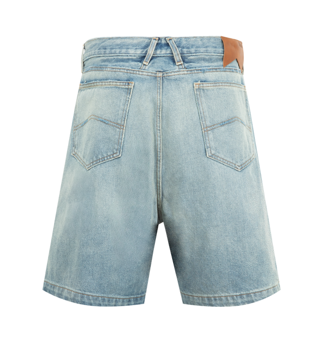 Image 2 of 3 - BLUE - RHUDE Boxy Traxedo Denim Short featuring regular fit, knee length, belt loops, 5 pocket design and zip and button closure. 100% cotton.
