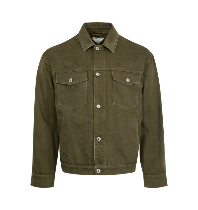 Image 1 of 3 - GREEN - BOTTEGA VENETA Colored Denim Jacket featuring intrecciato suede back patch, button closure, button flap chest pockets, button cuffs and unlined. 100% cotton. Made in Italy.