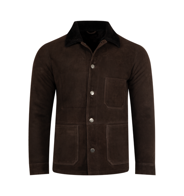 Image 1 of 3 - BROWN - GIORGIO BRATO MEPX Jacket featuring button front closure, suede, shearling collar, three front patch pockets and long sleeves. Lamb suede, shearling. Made in Italy.