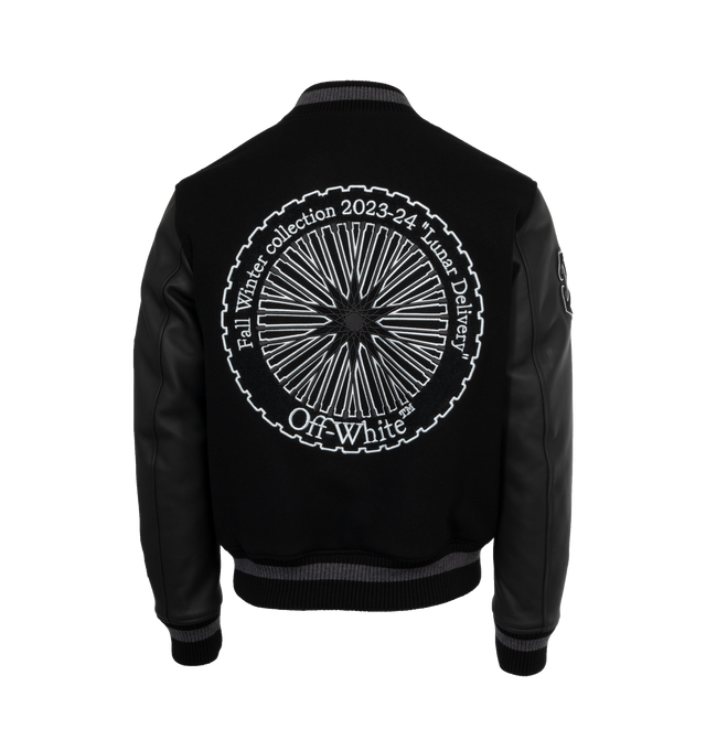 Image 2 of 4 - BLACK - OFF-WHITE Tyre Moon Bomber Jacket featuring rib knit stand collar, hem, and cuffs, press-stud closure, text and logo embroidered at front, welt pockets and full logo-woven satin lining. 100% leather. 75% wool, 25% polyamide.  