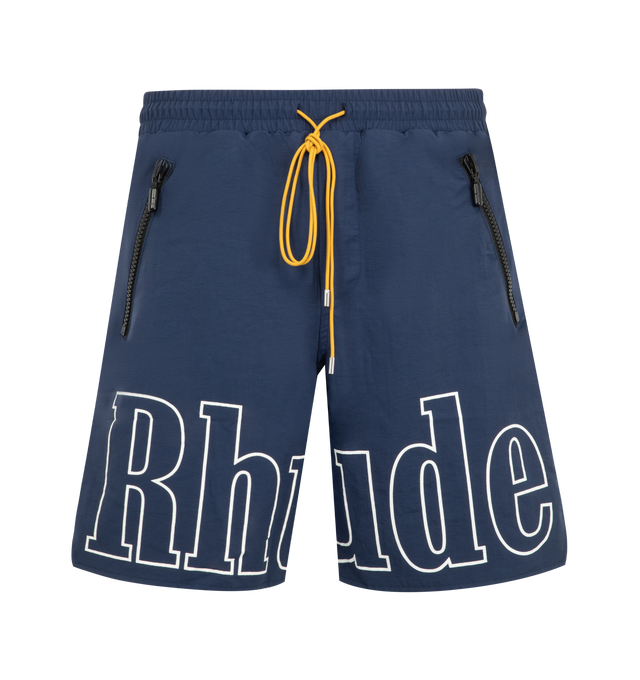 Image 1 of 3 - BLUE - Rhude Mens Nylon Shorts are crafted from premium washed nylon. Feature logo print across the front legs, twin zip pockets with tonal Rhude Pill hardware, and extended drawstrings in signature mustard tone. Main Material: 100% Nylon. Made in the USA.