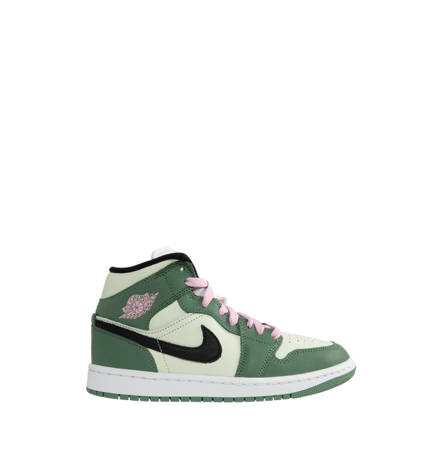 Image 1 of 5 - GREEN - JORDAN Air Jordan 1 Mid SE Sneaker featuring textile and leather upper, lace-up front closure, padded tongue and collar and rubber sole.