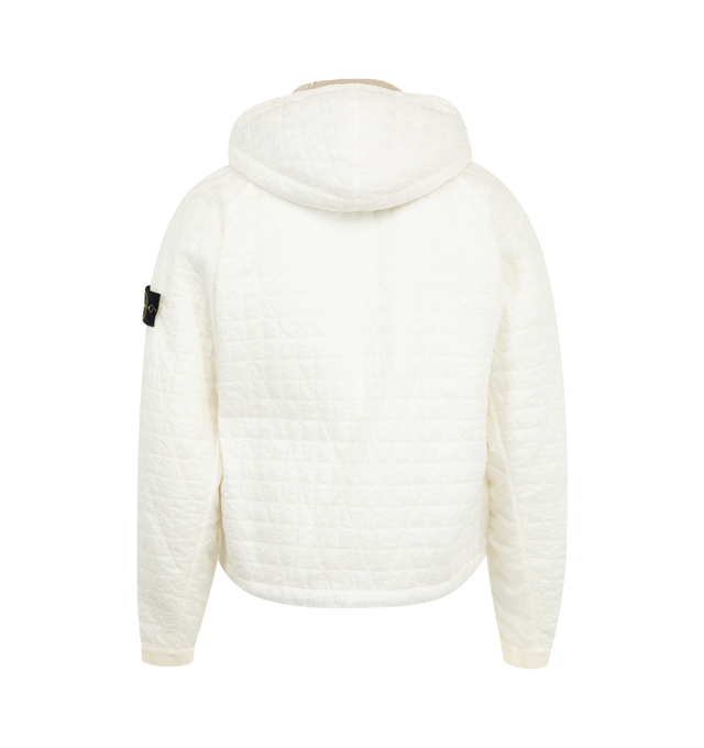 Image 2 of 4 - WHITE - STONE ISLAND Bomber Jacket featuring padded hooded jacket in a light nylon rep with an ultra-tight weaving construction, removable ribbed knit insert with hood and zipper fastening on tape that attaches to garment with snaps, hood with snap-fastened tape drawstring, raglan sleeves, hand pockets with diagonal tape trim and snap, flat inlay at sides and under arms, Stone Island badge on left sleeve, elasticated tape at cuffs and snap fastening on nylon tape. 100% polyamide/nylon.