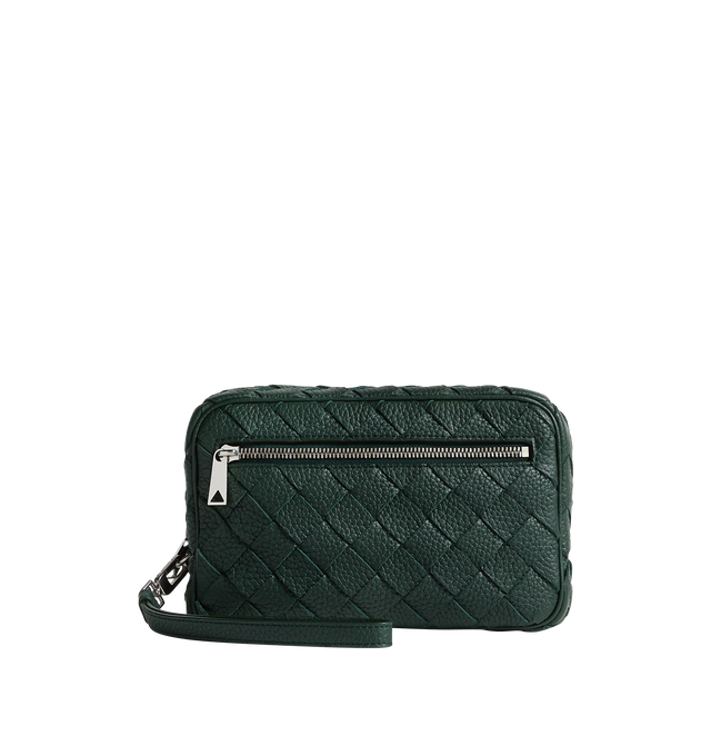 Image 1 of 4 - GREEN - BOTTEGA VENETA Intrecciato Small Pouch With Wristlet featuring small pouch in Intrecciato grained leather, one single compartment, one internal flat leather pocket with three card slots, one exterior zipped pocket, detachable leather wristlet with a hook and zip closure. Calfskin. 5.1" x 8.3" x 2.4". Made in Italy.