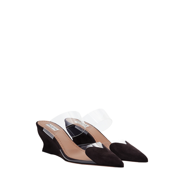 Image 1 of 1 - BROWN - Alaa Womens Heart Cut Wedge Mules are crafted from a luxurious velvet calfskin leather and transparent polyurethane. Features the signature heart cut at the front, 60 mm wedge heel, and slip-on styling. Upper Material 1: Velvet Calfskin Leather, Upper Material 2: 100% Polyurethane. Made in Italy.