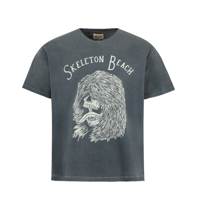 Image 1 of 2 - GREY - GALLERY DEPT. Skeleton Beach Grit Tee featuring relaxed 90's fit, faded 'Skeleton Beach Grit' graphic on the front and ATK STACKED logo on the back. 100% cotton. Made in USA.