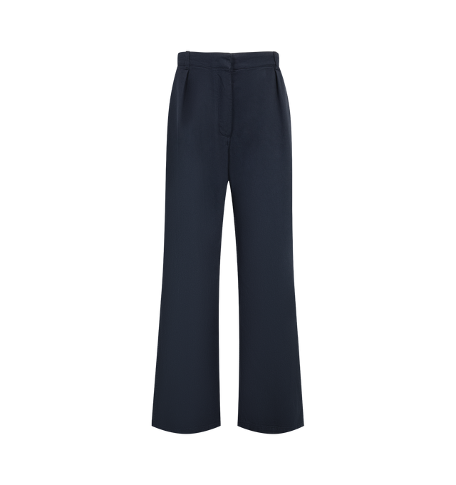 Image 1 of 3 - BLUE - The Row Women's Adler Pants are crafted from soft cotton twill and feature a relaxed mid-rise silhouette that sits naturally at the hip with a straight leg. Designed with a pleated front, side slash pockets, and a single back welt pocket, these designer trousers undergo multiple finishing treatments to create a lightly sanded, worn-in appearance with a soft, loose hand. Main Material: 100% Cotton. Fit: Relaxed, Mid-Rise, Straight Leg. Pockets: Side Slash Pockets and Single Back Welt Po