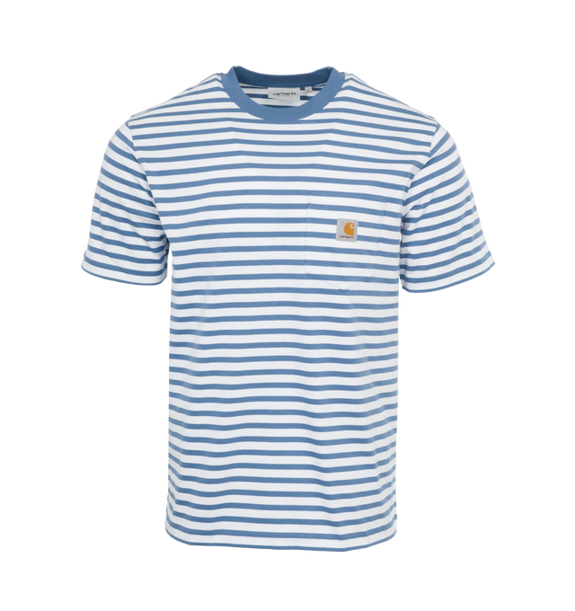 Image 1 of 2 - BLUE - CARHARTT WIP Seidler Stripe Logo Pocket T-Shirt featuring small logo patch, stripes throughout, crewneck and short sleeves. 100% cotton. 