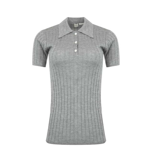 Image 1 of 2 - GREY - TOTEME Ribbed Polo featuring a short-sleeve polo style top in a soft ribbed cashmere-silk blend. 70% cashmere, 30% silk.