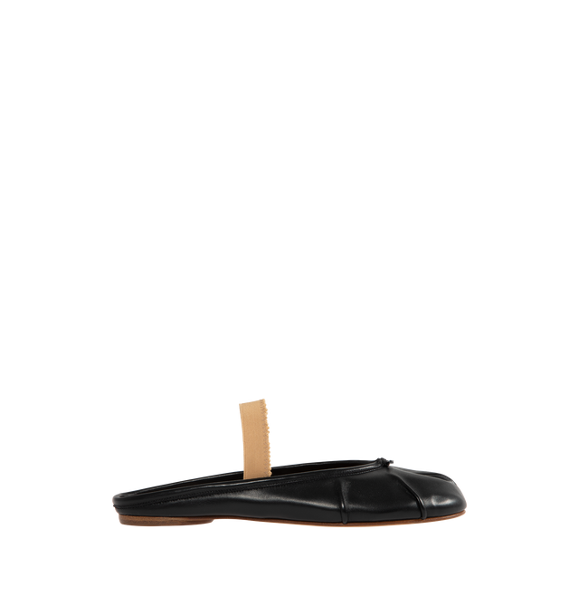 Image 1 of 4 - BLACK - MAISON MARGIELA Tabi Leather Ballerina Mules featuring slip-on style, low stacked heel, elasticated strap, raw edge, split toe, branded footbed and leather sole. 100% leather. Made in Italy.