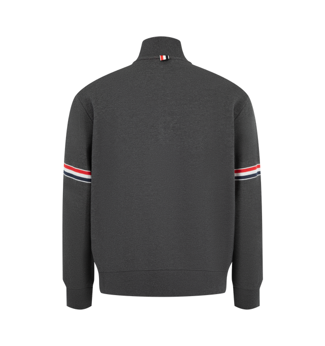 Image 2 of 2 - GREY - Thom Browne Men's Funnel Neck RWB Pique Loopback Sweatshirt is crafted from loopback cotton terry and features a rib-knit stand collar with a button placket for a refined take on a casual staple. Signature tricolor trim accents the sleeves, while a logo patch at the front hem and Thom Brownes signature tricolor loop tab at the back collar complete the design. Main Material: 100% Cotton. Made in Japan.