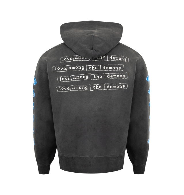 Image 2 of 3 - BLACK - SAINT MICHAEL Love Among Hoodie featuring fixed hood, graphic printed on front, back and sleeves, ribbed cuffs and hem and front pocket. 100% cotton.