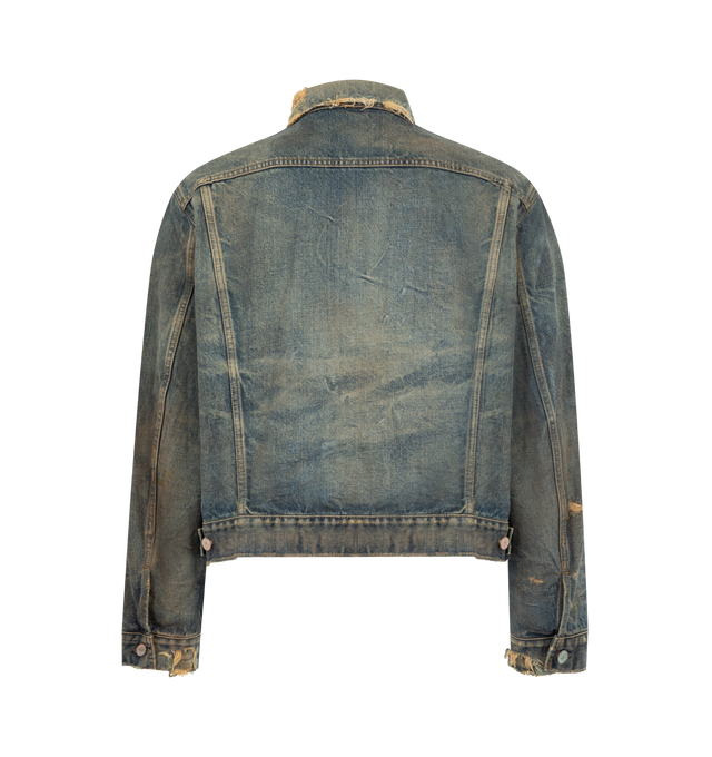 Image 2 of 3 - BLUE - ENFANTS RICHES DEPRIMES Type 3 Jacket featuring button front jacket in japanese selvedge denim, chest pocket with button closure flaps, welt pockets at waist, button closure adjustable tabs at back waist hem, signature vintage wash process and distressing throughout. Made in Japan.