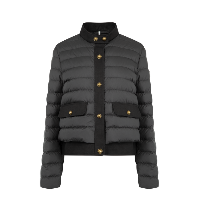 Image 1 of 3 - BLACK - MONCLER Juju Cotton & Linen-Trimmed Short Down Jacket featuring polyester lining, cotton and linen blend twill trim, down-filled, snap button closure, pockets with snap button closure and leather logo patch. 100% polyester. 54% cotton, 46% flax/linen. Padding: 90% down, 10% feather.