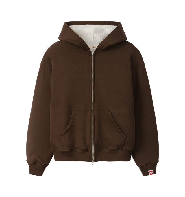Image 1 of 6 - BROWN - Cherry LA Men's 5 Star Thermal Zip Hoodie is crafted from custom cotton fleece and features a boxy-fit silhouette, a full-zip front closure, and a custom poly-cotton thermal lining for added warmth and comfort. Designed with embroidery at the back, a nickel zipper, and a branded label at the cuff, this elevated everyday layer combines utility-inspired details with Cherry LA's signature aesthetic. Main Material: Custom Cotton Fleece. Lining: Custom Poly-Cotton Thermal. Made in Los Ange