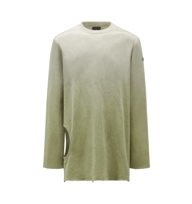 Image 1 of 1 - BROWN - RICK OWENS X MONCLER SUBHUMAN SWEATSHIRT featuring below hip length, round ribbed crewneck, raw cut sleeves and hem, signature front level shoulder seams and single seam down the center back. Circular cut out on the right hip for arm to pass through and create a shorter draped front. BASE FABRIC: 65% Cotton, 35% Polyester Ribs: 95% Cotton, 5% Elastane / Spandex. Made in Turkey. 