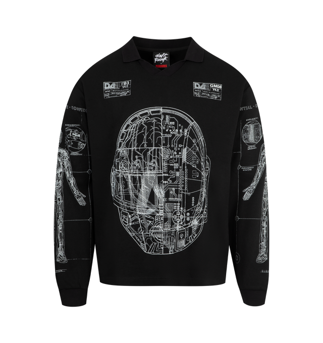 Image 1 of 3 - BLACK - PLEASURES X DAFT PUNK Schematic Long Sleeve Polo featuring goalie jersey, long sleeves, plastisol printed graphics throughout. 100% polyester heavyweight pique knit.