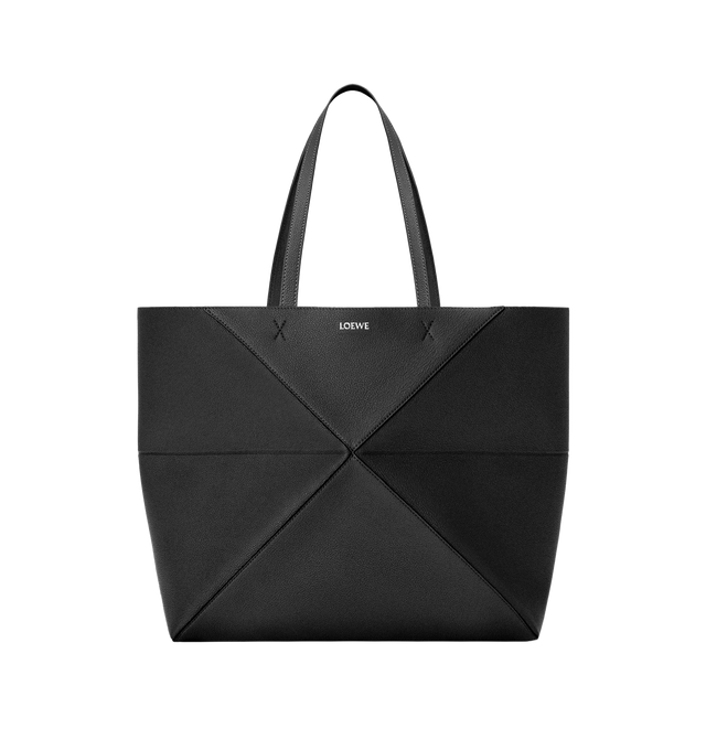 Image 1 of 5 - BLACK - LOEWE Large Horizontal Puzzle Fold Tote featuring lightweight geometric structure designed to fold completely flat, shoulder or hand carry, detachable inside suede zipped pocket, suede lining and gold embossed LOEWE. Soft grained calf. 33 cm x 37 cm x 14.5 cm. Made in Spain.