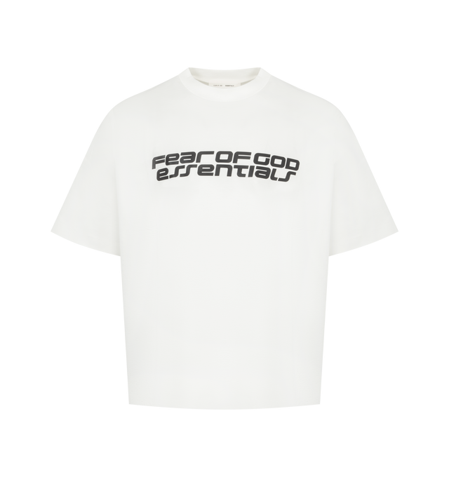 Image 1 of 2 - WHITE - Fear of God Essentials 90s Tee is cut from Ponte jersey, offering a soft feel with spandex for stretch comfort. Designed in an oversized 90s-inspired silhouette, it features exaggerated proportions with dropped shoulders for a relaxed drape. The front is defined by a metallic 3M print application of the Fear of God Essentials lockup. The signature rubberized Fear of God Essentials label at the collar. Fit Note: Size Medium fits like Classic Tee XL in this oversize style. 54% recycled