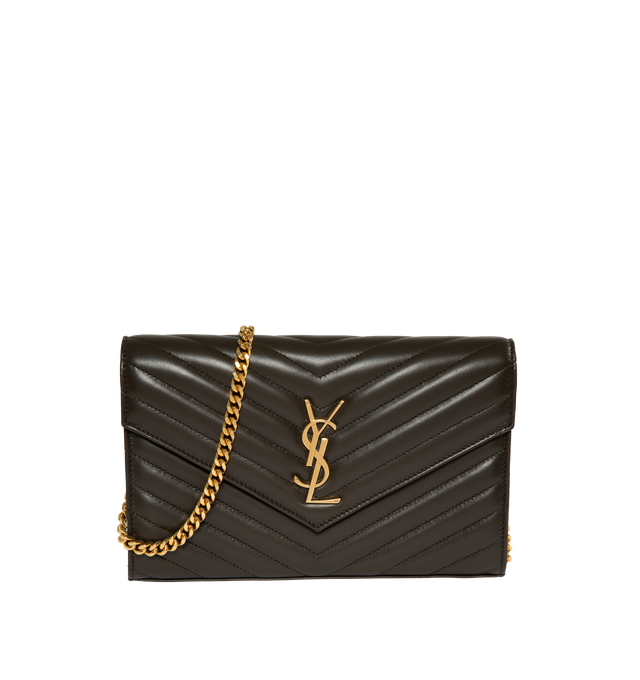 Image 1 of 3 - GREEN - SAINT LAURENT Monogram Chain Wallet featuring front flap, snap button closure, quilted overstitching and removable chain shoulder strap. 8.8 X 5.5 X 1.5 inches. Strap drop: 18.9 inches. 100% lambskin. Made in Italy.  