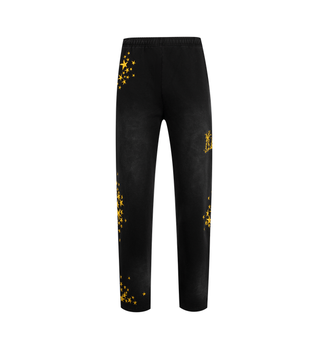 Image 1 of 3 - BLACK - MARKET Galaxy Arc Open Bottom Sweatpants featuring faded wash, elastic waistband with internal drawstrings, side-entry pockets, rear patch pocket and embroidered details. 100% cotton.